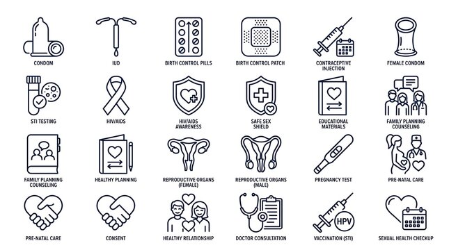 Comprehensive set of medical line icons for sexual health and family planning in clean professional vector illustration style