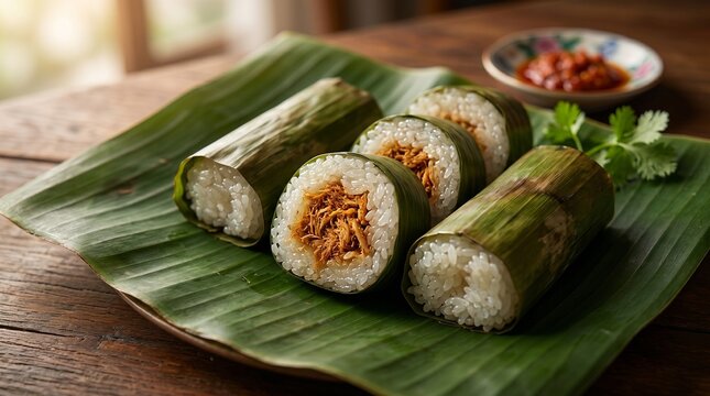 High angle photo of traditional Indonesian lemper food phrase means shredded chicken filled glutinous rice roll on banana leaf. Local savory snack concept for asian restaurant menu and cookbook page