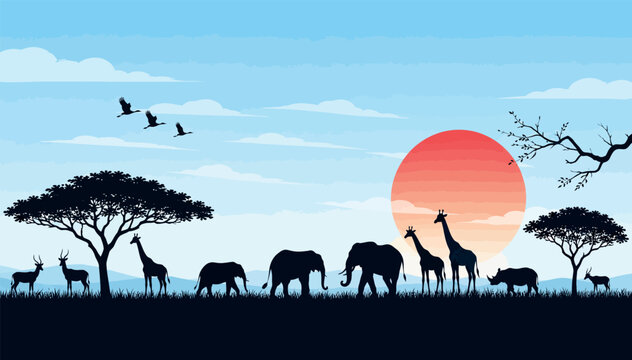 African Savanna Landscape Silhouette Illustration with Wild Animals Like Elephants, Giraffes, and Rhinos Under a Large Red Sun and Blue Sky for Safari Adventure Concept