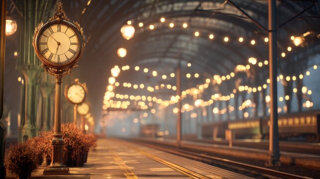 Vintage clock on train station platform with warm lights and atmosphere, showcasing nostalgic travel and timeless elegance during evening hours