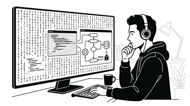 A young programmer wearing headphones while working on code and flowcharts at his computer.