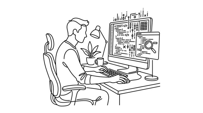 A line art illustration of a software developer working at a computer desk.