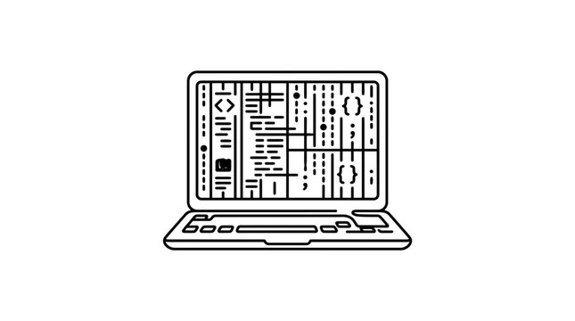 A simple black and white line art illustration of an open laptop displaying computer code.