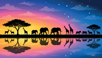 Fototapeta premium Wild African Animal Silhouette Landscape Vector at Sunset with Elephants and Giraffes Reflecting in Lake Under a Starry Purple Sky, Safari Background Illustration for Travel and Nature
