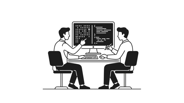Two male software developers collaborating on a coding project at a computer workstation.