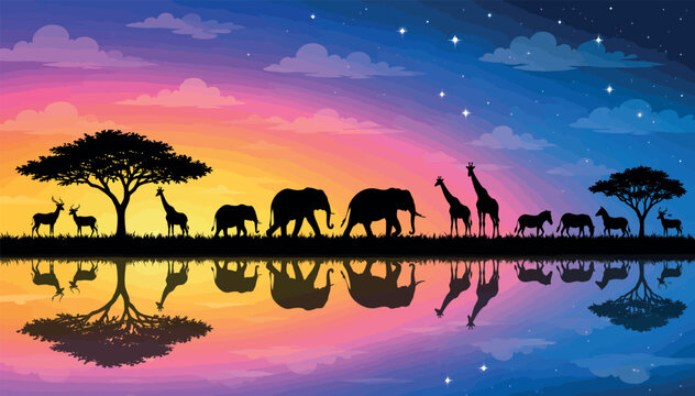 Wild African Animal Silhouette Landscape Vector at Sunset with Elephants and Giraffes Reflecting in Lake Under a Starry Purple Sky, Safari Background Illustration for Travel and Nature