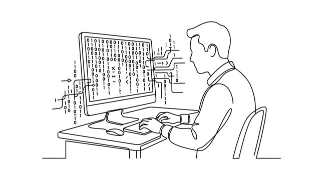 A continuous line drawing of a man working on a computer with binary code on the screen.