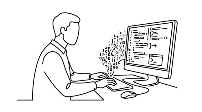 A continuous line drawing of a software developer working on computer code.