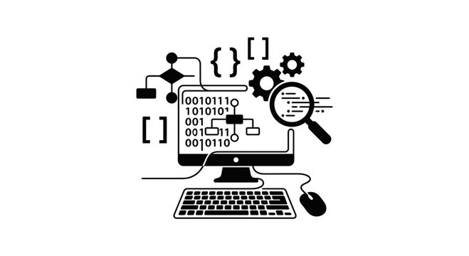 A black and white icon representing computer programming and software development.