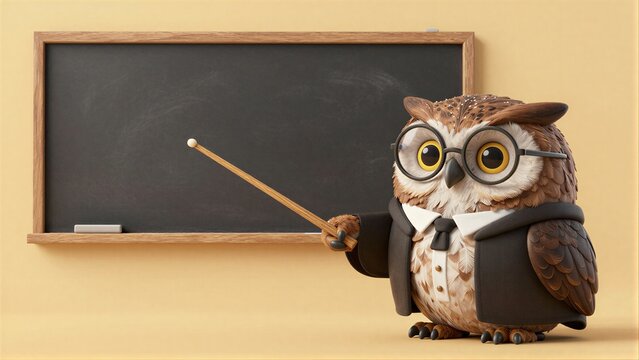 Smart owl teacher holds pointer, stands before empty chalkboard in classroom setting.