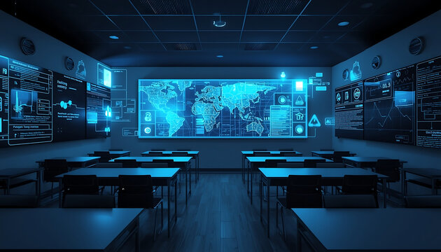 Futuristic Digital Control Room with Large Screen Display and Desks