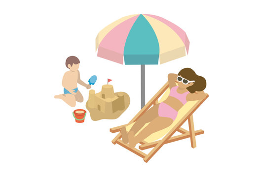 Isometric illustration of a mother sunbathing and her child playing in the sand at the beach