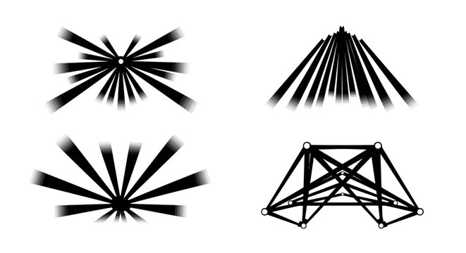 Abstract geometric shapes, radial lines, and truss structure