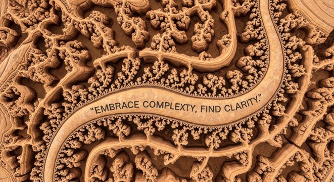 Overhead view of naturally occurring fractal with embrace complexity message