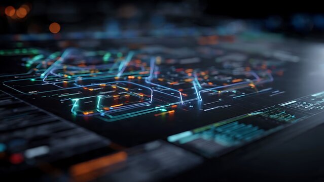Abstract digital network data flow visualization with glowing nodes.