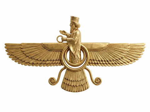 Golden faravahar zoroastrian symbol from ancient persia and iran with winged sun disc design for background