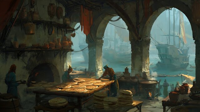 Ancient stone temple interior with flickering oil lamps.
