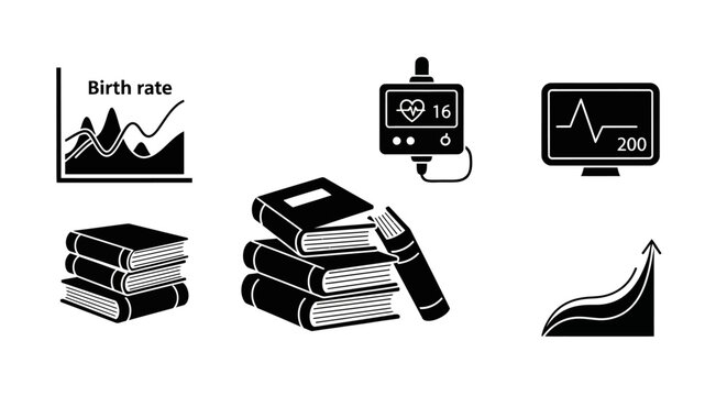 Healthcare Data Analysis Icons: Birth Rate Chart, ECG Monitor, Medical Screen, Books
