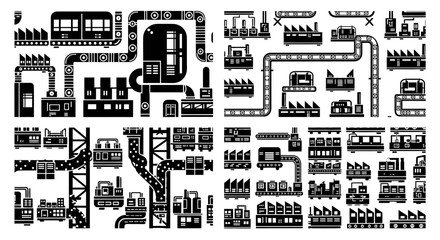 Obraz premium Industrial Factory Production Line Icons Set - Manufacturing Process Vector Graphics