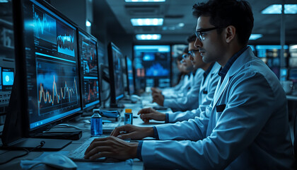 Fototapeta premium Scientists Analyzing Data on Multiple Computer Screens in a Modern Laboratory