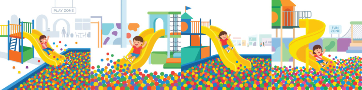 A child sliding down a bright yellow plastic slide into a sea of colorful balls, indoor mall playground, flat design, simple, minimalist, vector illustration, solid shapes, no outline, clean lines, pu