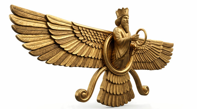 Golden faravahar zoroastrian symbol from ancient persia and iran with winged sun disc design for background