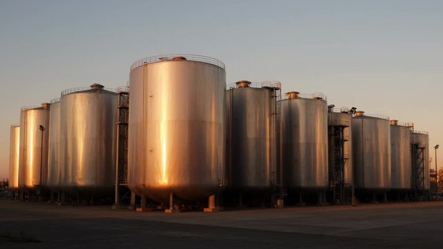 Industrial storage tank metal silo factory container silver cylinder steel structure outdoor warehouse field background warm sunset light creating reflective metal texture and calm factory atmosphere