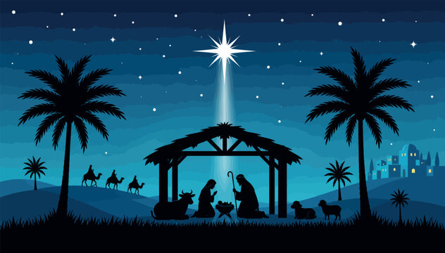 Vector Silhouette Nativity Scene with Holy Family, Baby Jesus, Wise Men, and Star of Bethlehem over Blue Night Desert Landscape for Religious Christmas Holiday Background.