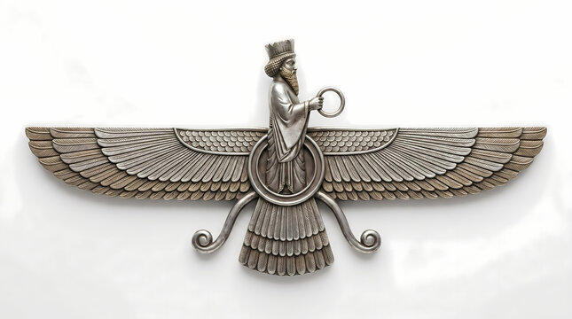 Silver faravahar zoroastrian emblem from ancient persia and iran with metallic texture perfect for printing on mugs and clothes