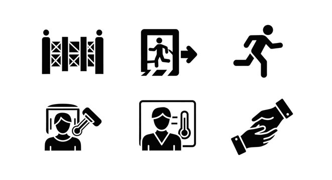 Safety Icons: Exit, Running Man, Temperature Check, Handshake, Barriers