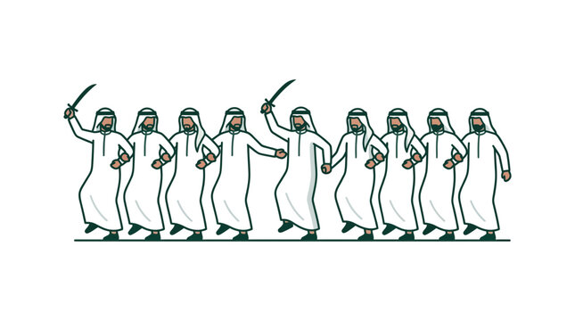 Line drawing of a group of men performing a traditional Arabic sword dance.