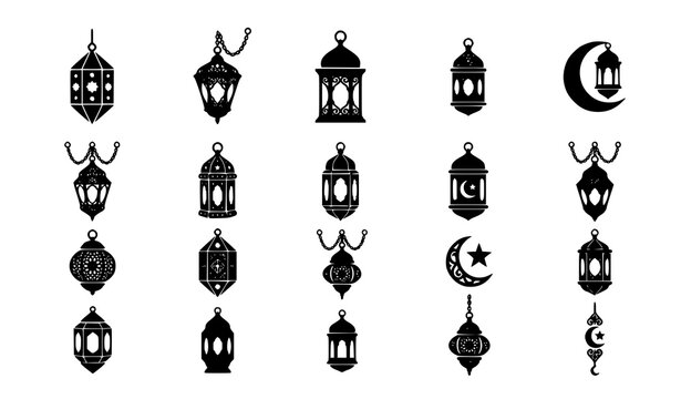 Islamic lantern silhouette icons vector Ramadan Eid lamp set