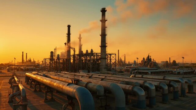 Industrial refinery pipeline background sunrise silhouette oil refinery plant gas pipeline network petrochemical factory metal structure smoke stack power station sunset atmospheric sky scene energy