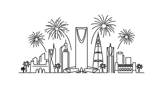 Line art illustration of the Riyadh city skyline with celebratory fireworks.