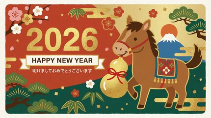 Fototapeta premium Cute Cartoon Horse with Gourd, Mt. Fuji, and Pine Branches for 2026 New Year Greeting Card