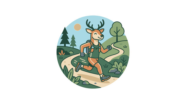 Anthropomorphic deer character running park trail sports badge logo