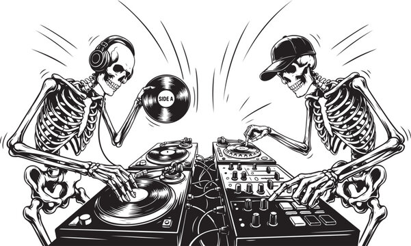 Skeleton djs mixing music on turntables