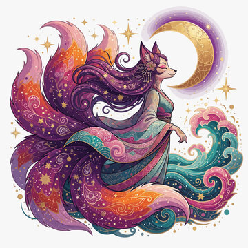 Mythical kitsune nine-tailed fox illustration with crescent moon
