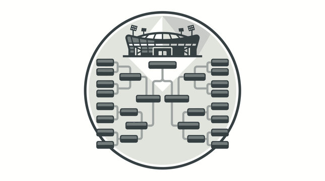 Circular stadium emblem with integrated tournament bracket diagram.