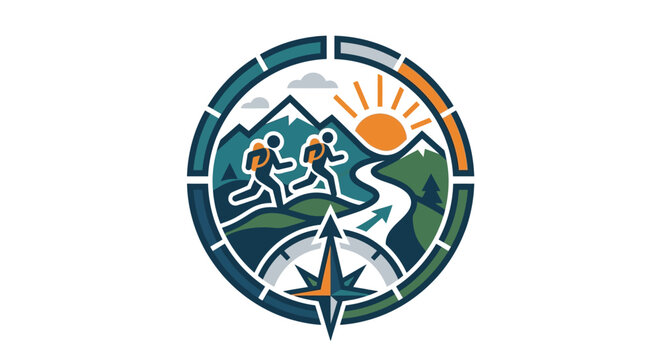 Circular trail runner emblem with mountain and compass.