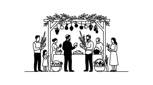 People celebrating Sukkot holiday with traditional lulav and etrog under a decorated sukkah booth.