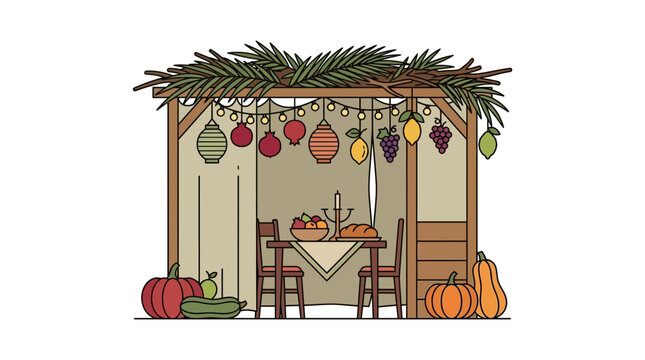 A colorful hand drawn illustration of a traditional Jewish Sukkah booth for Sukkot.
