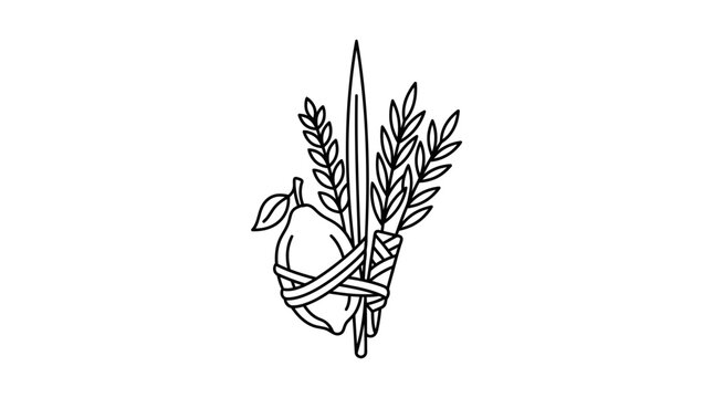 A minimalist black and white line art illustration of a lulav and etrog set.