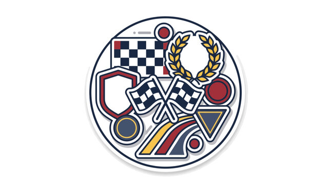 Circular racing crest with flags and laurel wreath.