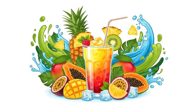Colorful tropical fruits and drinks with coconut and umbrella.