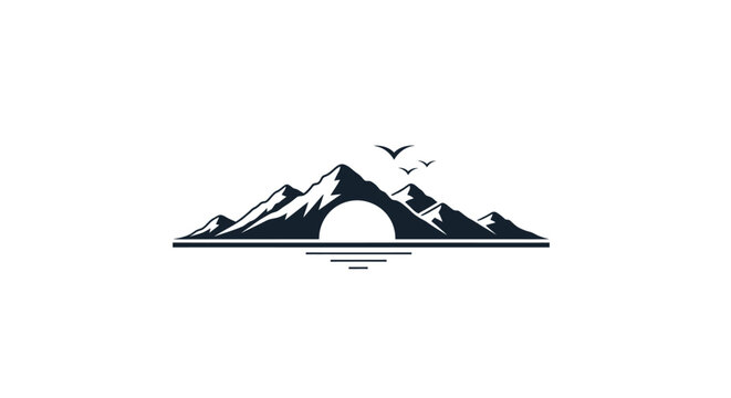 Minimalist mountain logo with flying birds silhouette.