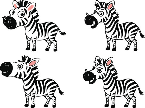 Four cute cartoon zebras standing in a row