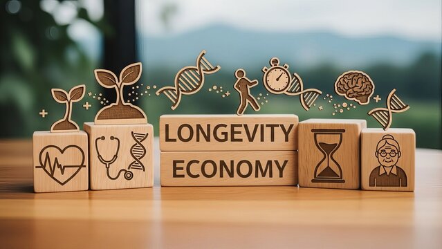 Longevity Economy concept with wooden blocks and icons representing health aging science and life expectancy