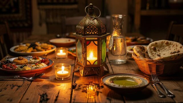 Cozy Middle Eastern dinner table with traditional dishes, warm lighting, and rustic wooden setting