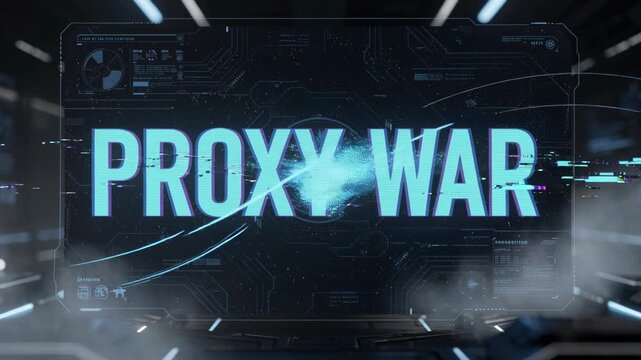 Futuristic digital interface displaying proxy war concept with glowing cyber elements and technology background